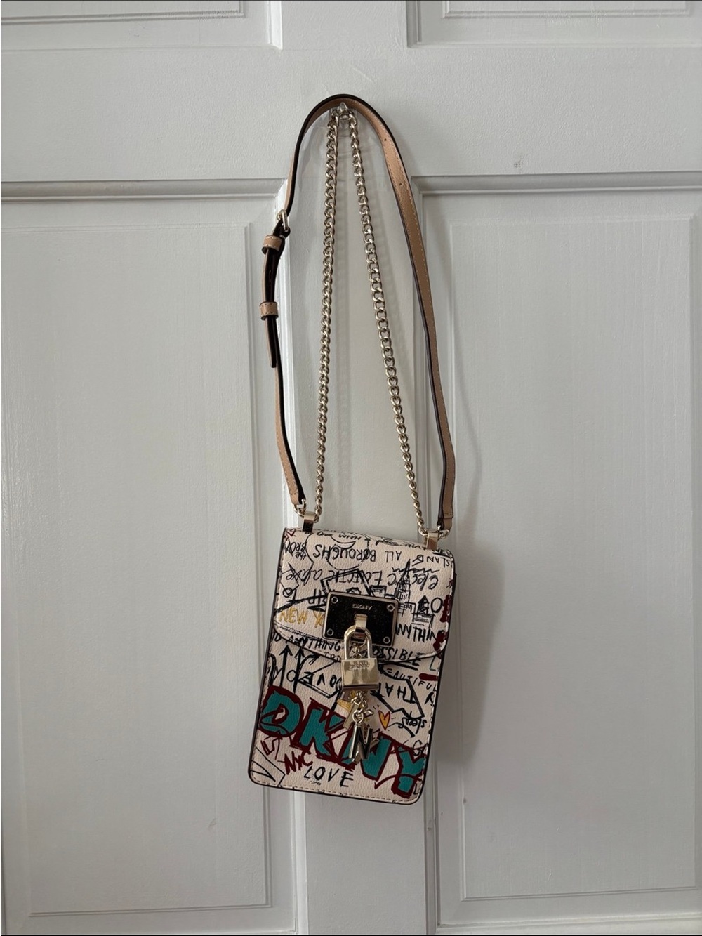 DKNY Cream Graffiti Leather Crossbody with Teal & Black Accents